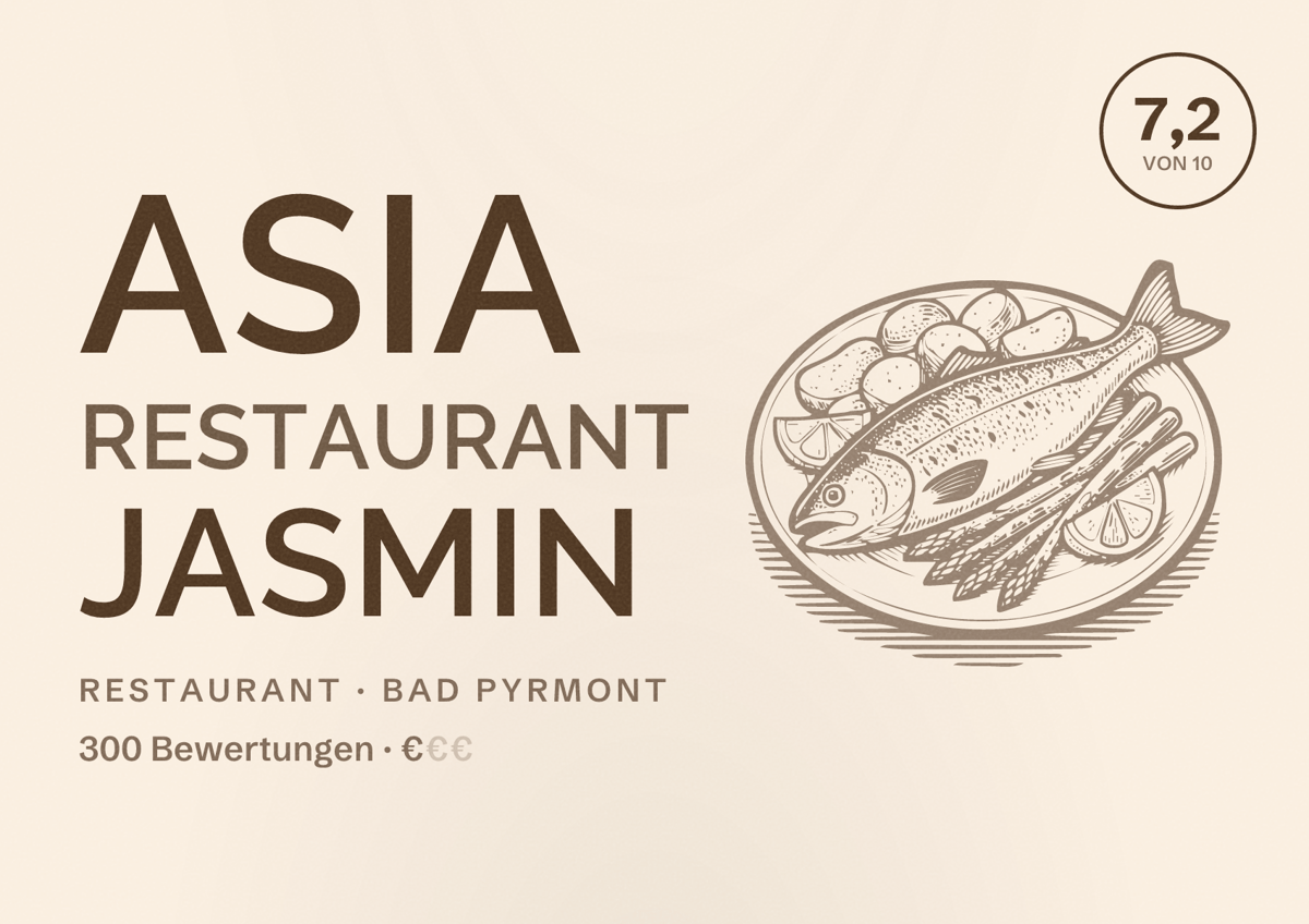 Illustriertes Poster von Asia Restaurant Jasmin, Restaurant in Bad Pyrmont: Bewertung 7,2 von 10 aus 300 Bewertungen, Preisniveau €