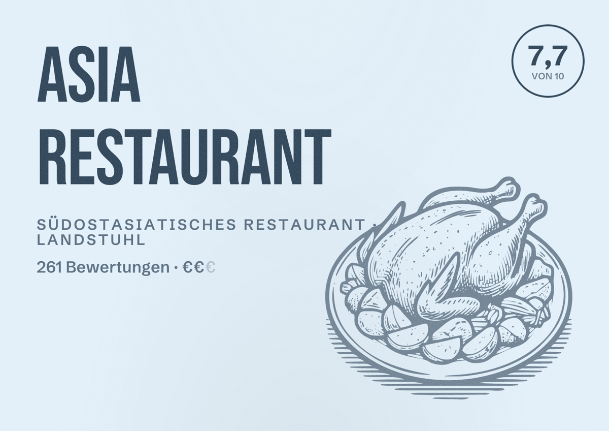Illustriertes Poster von Asia Restaurant, Südostasiatisches Restaurant in Landstuhl: Bewertung 7,7 von 10 aus 261 Bewertungen, Preisniveau €€