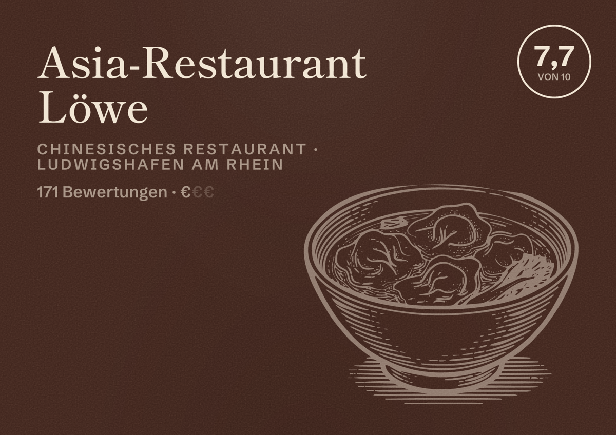 Illustriertes Poster von Asia-Restaurant Löwe, Chinesisches Restaurant in Ludwigshafen am Rhein: Bewertung 7,7 von 10 aus 171 Bewertungen, Preisniveau €