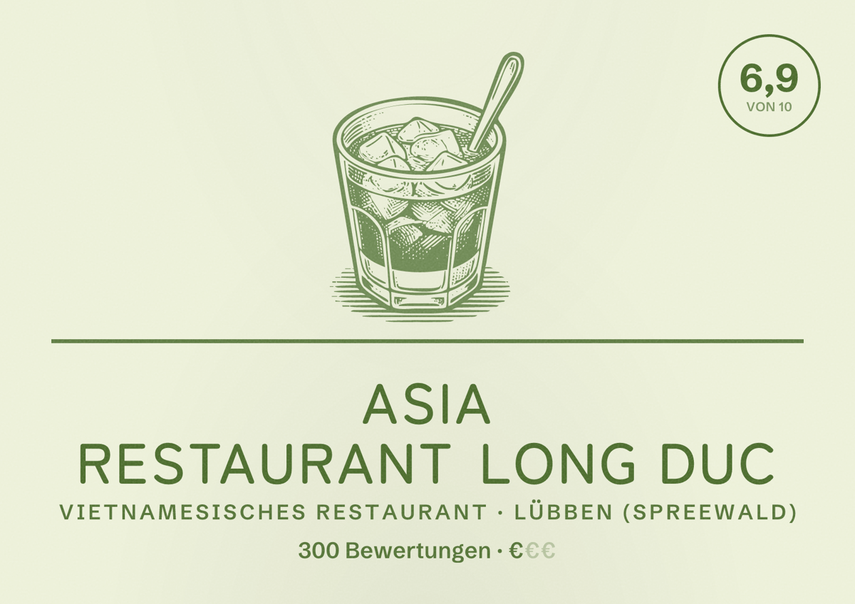 Illustriertes Poster von Asia Restaurant Long Duc, Vietnamesisches Restaurant in Lübben (Spreewald): Bewertung 6,9 von 10 aus 300 Bewertungen, Preisniveau €