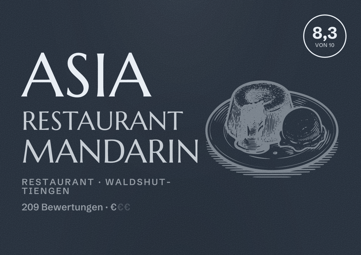 Illustriertes Poster von Asia Restaurant Mandarin, Restaurant in Waldshut-Tiengen: Bewertung 8,3 von 10 aus 209 Bewertungen, Preisniveau €