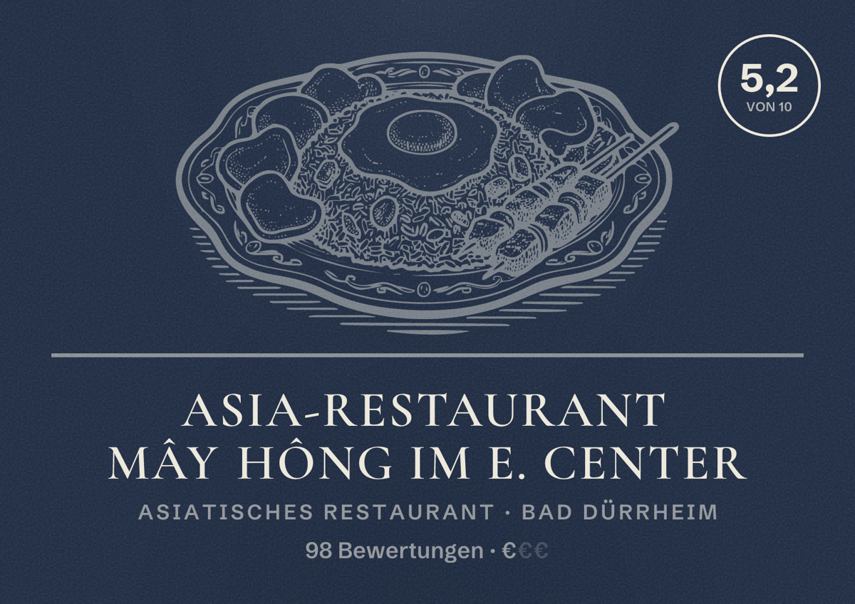 Illustriertes Poster von Asia-Restaurant Mây Hông im E. Center, Asiatisches Restaurant in Bad Dürrheim: Bewertung 5,2 von 10 aus 98 Bewertungen, Preisniveau €