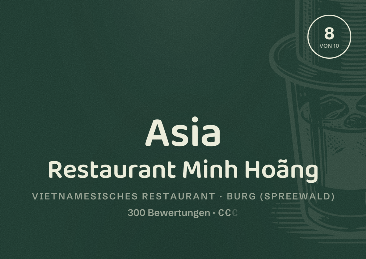 Illustriertes Poster von Asia Restaurant Minh Hoãng, Vietnamesisches Restaurant in Burg (Spreewald): Bewertung 8 von 10 aus 300 Bewertungen, Preisniveau €€