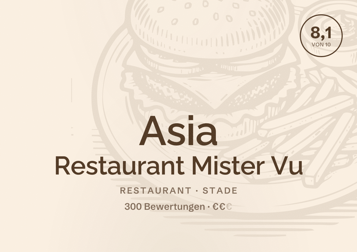 Illustriertes Poster von Asia Restaurant Mister Vu, Restaurant in Stade: Bewertung 8,1 von 10 aus 300 Bewertungen, Preisniveau €€