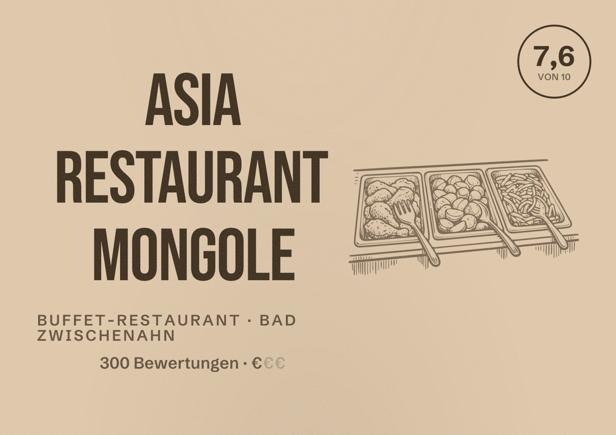 Illustriertes Poster von Asia Restaurant Mongole, Buffet-Restaurant in Bad Zwischenahn: Bewertung 7,6 von 10 aus 300 Bewertungen, Preisniveau €