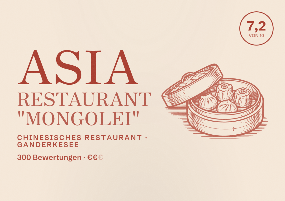 Illustriertes Poster von Asia Restaurant "Mongolei", Chinesisches Restaurant in Ganderkesee: Bewertung 7,2 von 10 aus 300 Bewertungen, Preisniveau €€