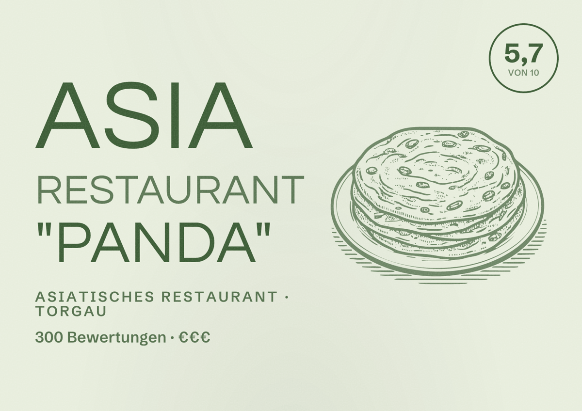 Illustriertes Poster von Asia Restaurant "Panda", Asiatisches Restaurant in Torgau: Bewertung 5,7 von 10 aus 300 Bewertungen, Preisniveau €€€