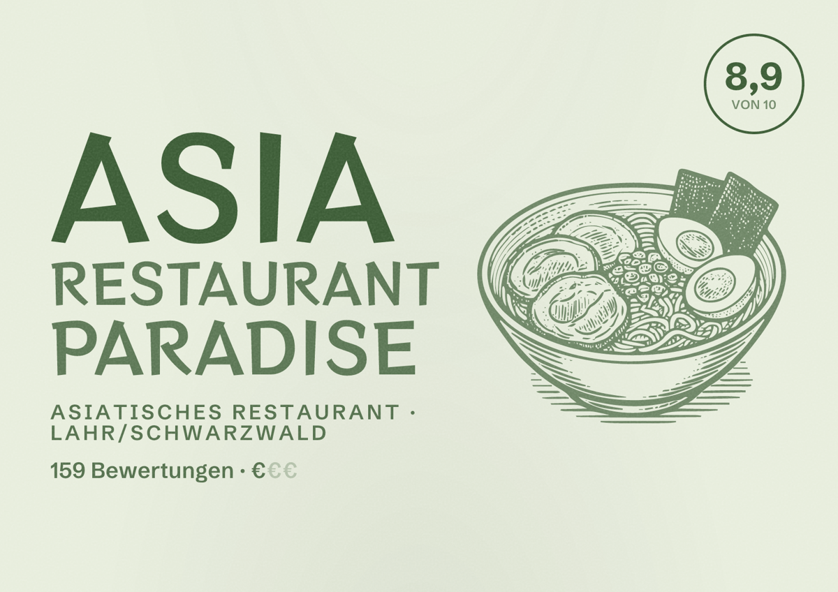 Illustriertes Poster von Asia Restaurant Paradise, Asiatisches Restaurant in Lahr/Schwarzwald: Bewertung 8,9 von 10 aus 159 Bewertungen, Preisniveau €
