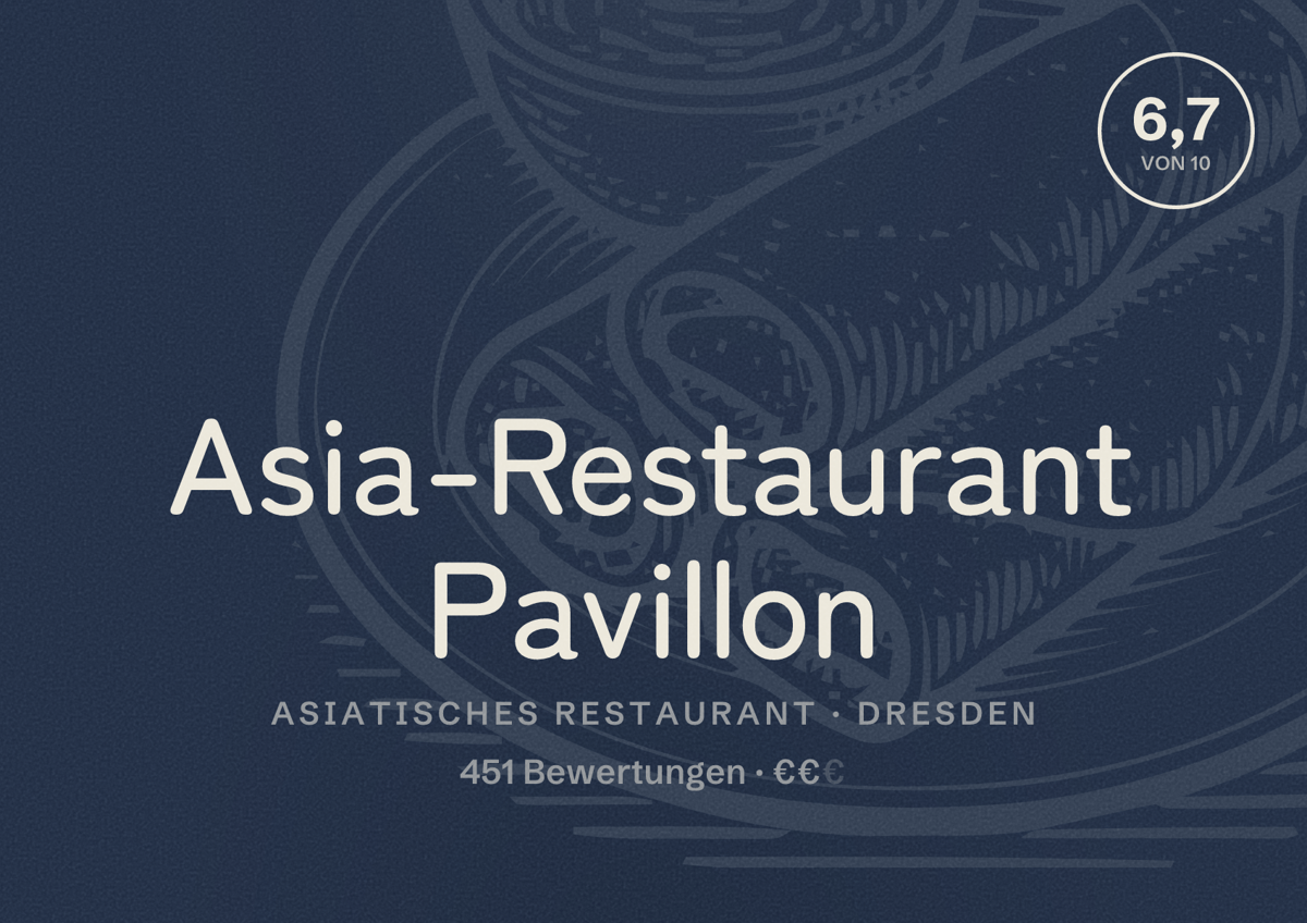 Illustriertes Poster von Asia-Restaurant Pavillon, Asiatisches Restaurant in Dresden: Bewertung 6,7 von 10 aus 451 Bewertungen, Preisniveau €€