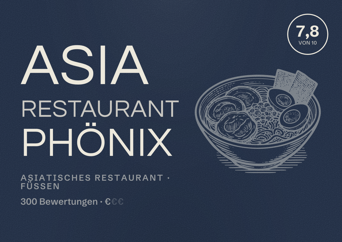 Illustriertes Poster von Asia Restaurant Phönix, Asiatisches Restaurant in Füssen: Bewertung 7,8 von 10 aus 300 Bewertungen, Preisniveau €
