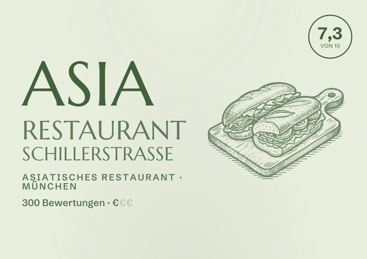 Illustriertes Poster von Asia Restaurant Schillerstraße, Asiatisches Restaurant in München: Bewertung 7,3 von 10 aus 300 Bewertungen, Preisniveau €