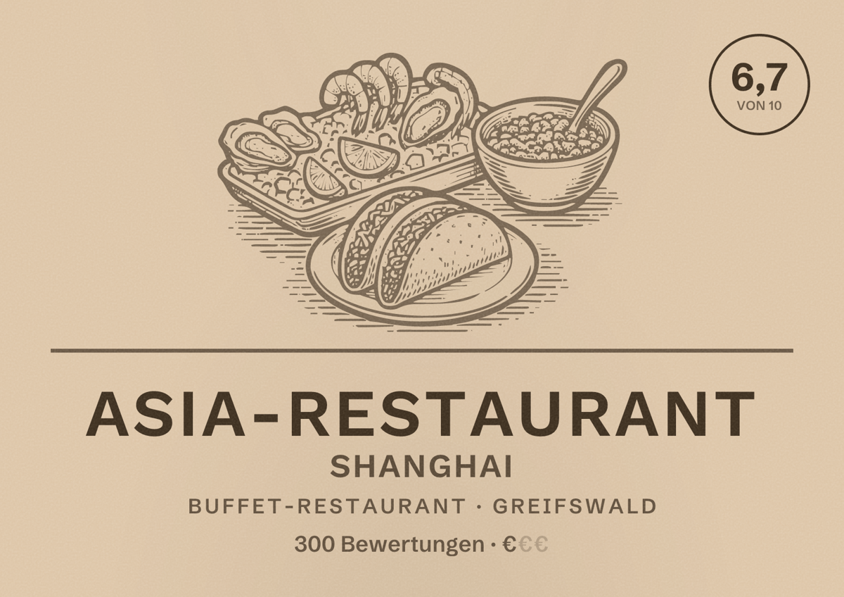 Illustriertes Poster von Asia-Restaurant Shanghai, Buffet-Restaurant in Greifswald: Bewertung 6,7 von 10 aus 300 Bewertungen, Preisniveau €
