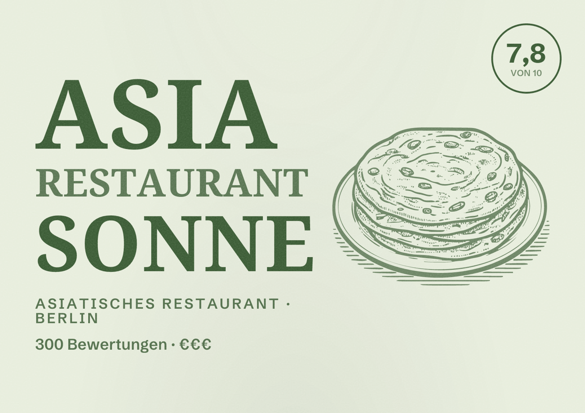 Illustriertes Poster von Asia Restaurant Sonne, Asiatisches Restaurant in Berlin: Bewertung 7,8 von 10 aus 300 Bewertungen, Preisniveau €€€