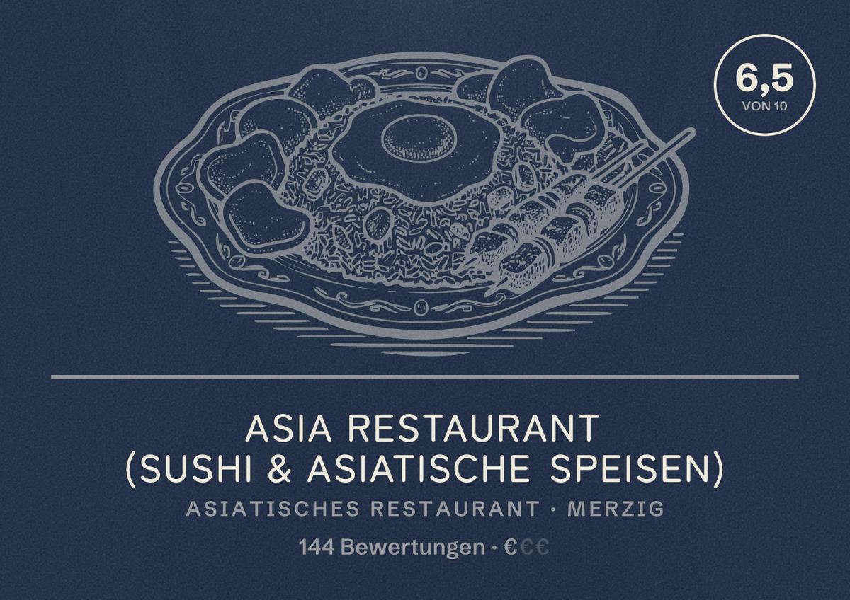 Illustriertes Poster von Asia Restaurant (Sushi & Asiatische Speisen), Asiatisches Restaurant in Merzig: Bewertung 6,5 von 10 aus 144 Bewertungen, Preisniveau €