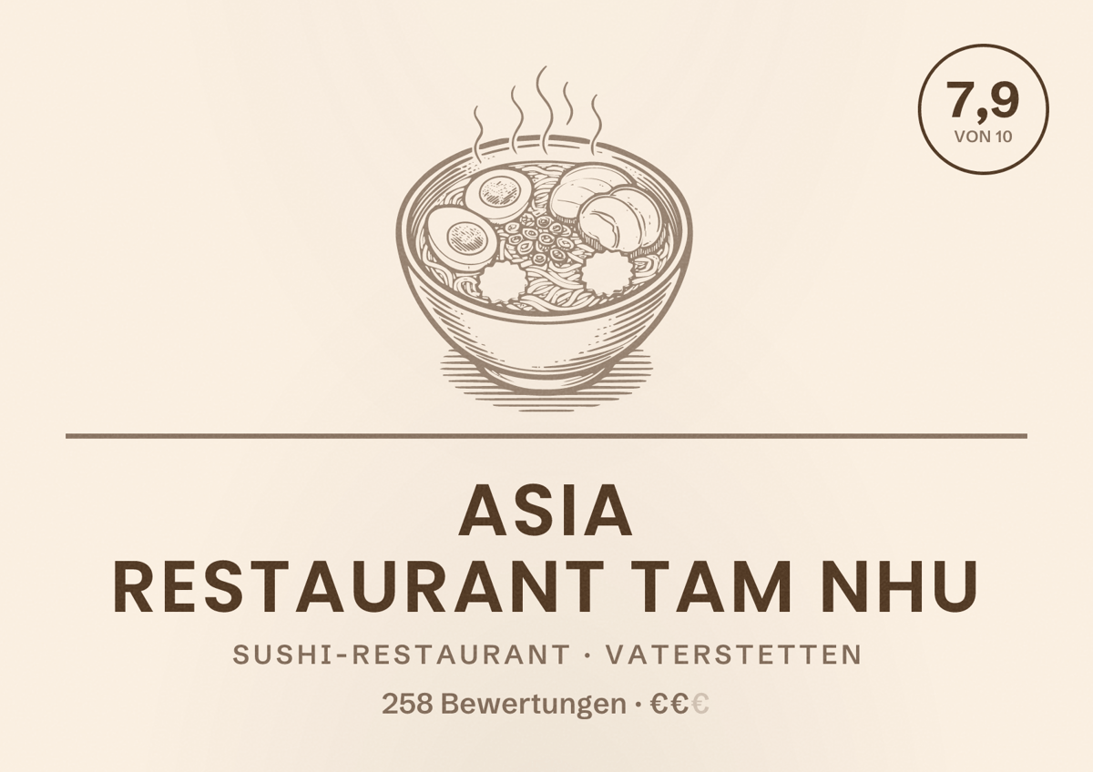 Illustriertes Poster von Asia Restaurant Tam Nhu, Sushi-Restaurant in Vaterstetten: Bewertung 7,9 von 10 aus 258 Bewertungen, Preisniveau €€