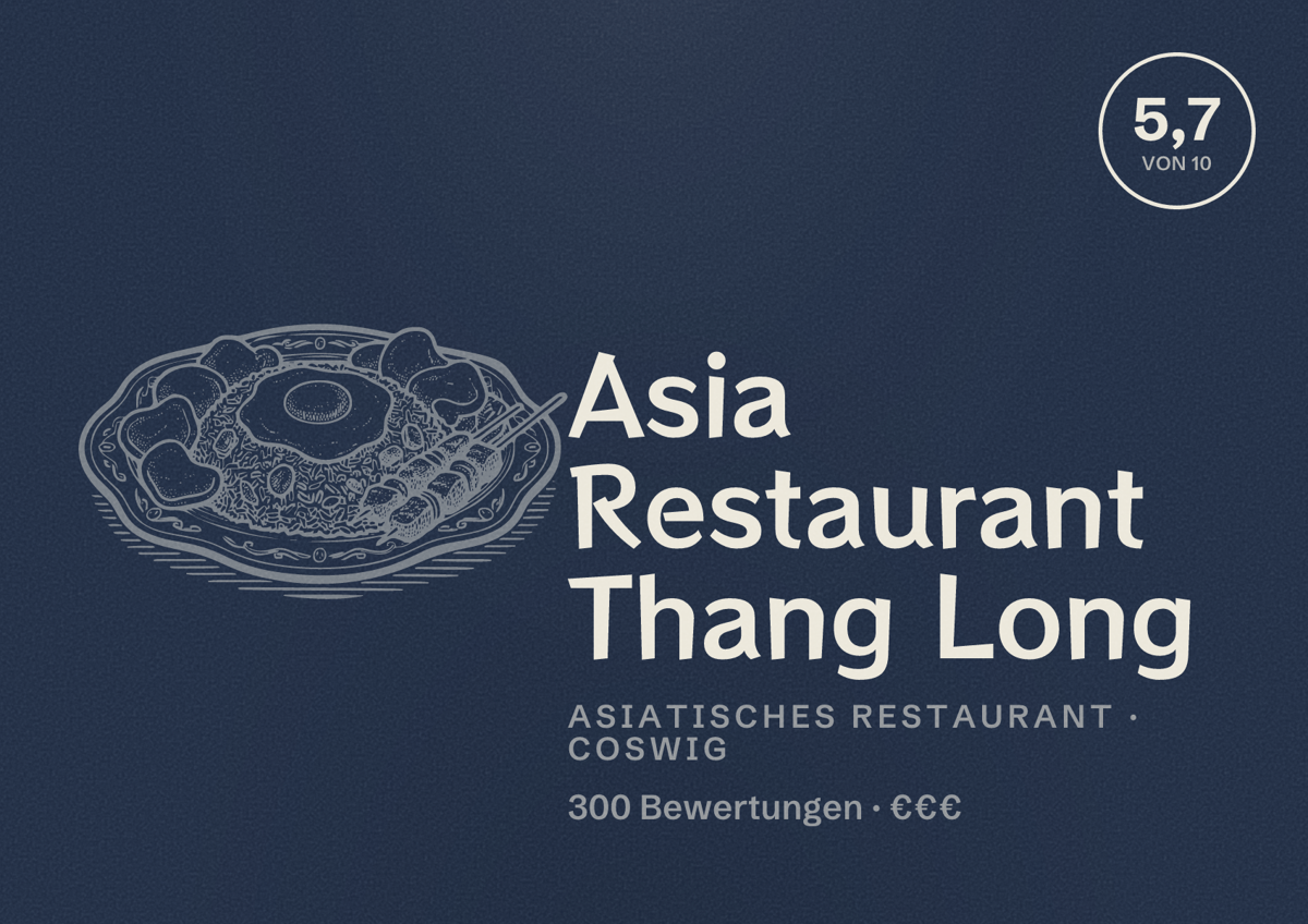 Illustriertes Poster von Asia Restaurant Thang Long, Asiatisches Restaurant in Coswig: Bewertung 5,7 von 10 aus 300 Bewertungen, Preisniveau €€€