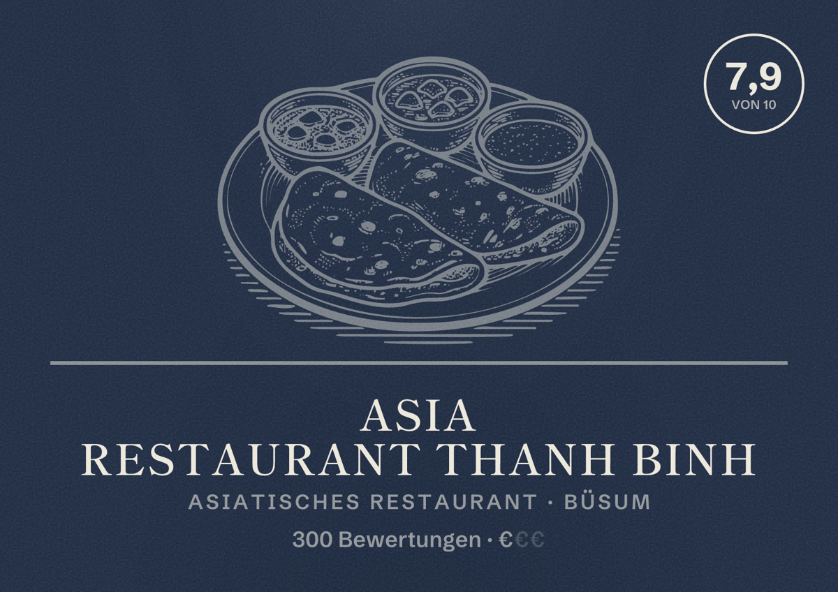 Illustriertes Poster von Asia Restaurant Thanh Binh, Asiatisches Restaurant in Büsum: Bewertung 7,9 von 10 aus 300 Bewertungen, Preisniveau €