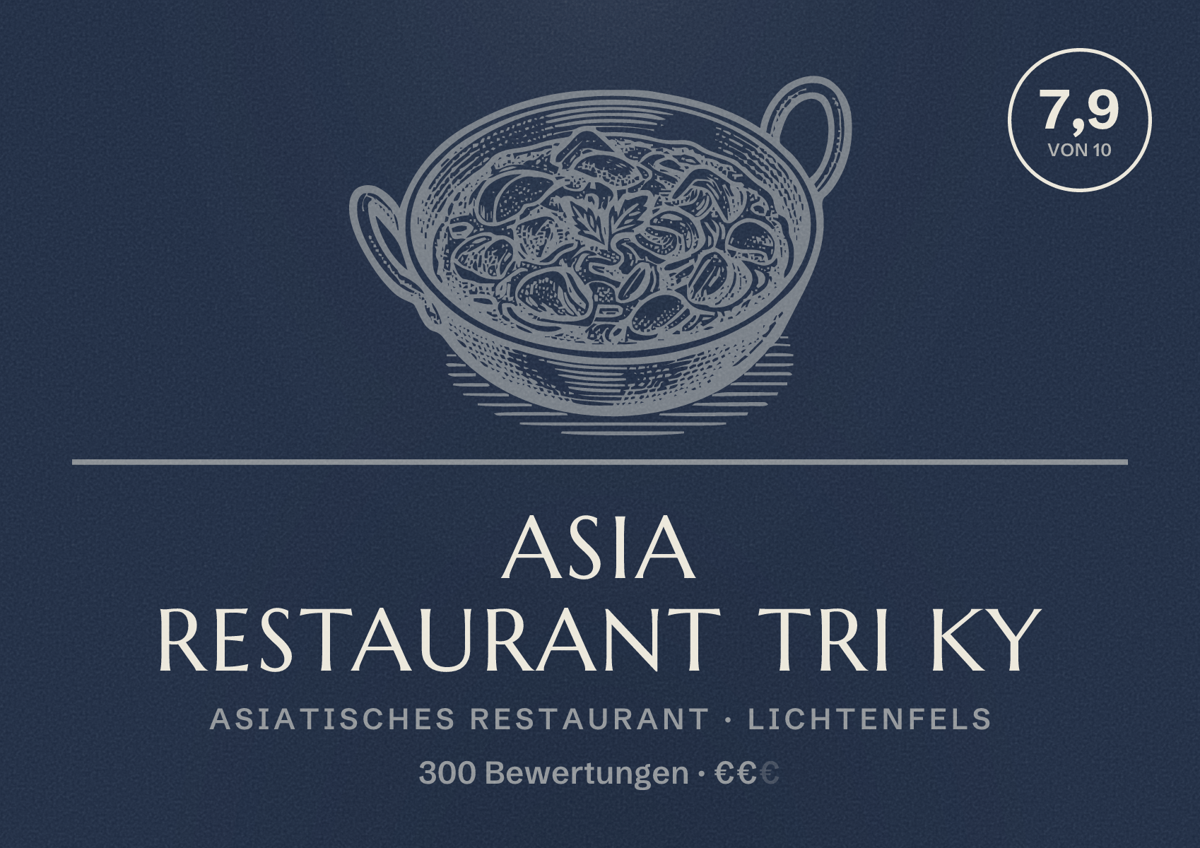 Illustriertes Poster von Asia Restaurant Tri Ky, Asiatisches Restaurant in Lichtenfels: Bewertung 7,9 von 10 aus 300 Bewertungen, Preisniveau €€