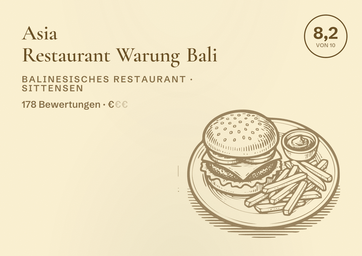 Illustriertes Poster von Asia Restaurant Warung Bali, Balinesisches Restaurant in Sittensen: Bewertung 8,2 von 10 aus 178 Bewertungen, Preisniveau €