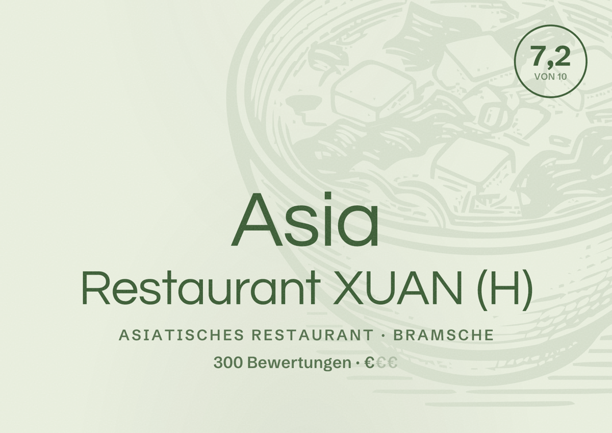 Illustriertes Poster von Asia Restaurant XUAN (H), Asiatisches Restaurant in Bramsche: Bewertung 7,2 von 10 aus 300 Bewertungen, Preisniveau €