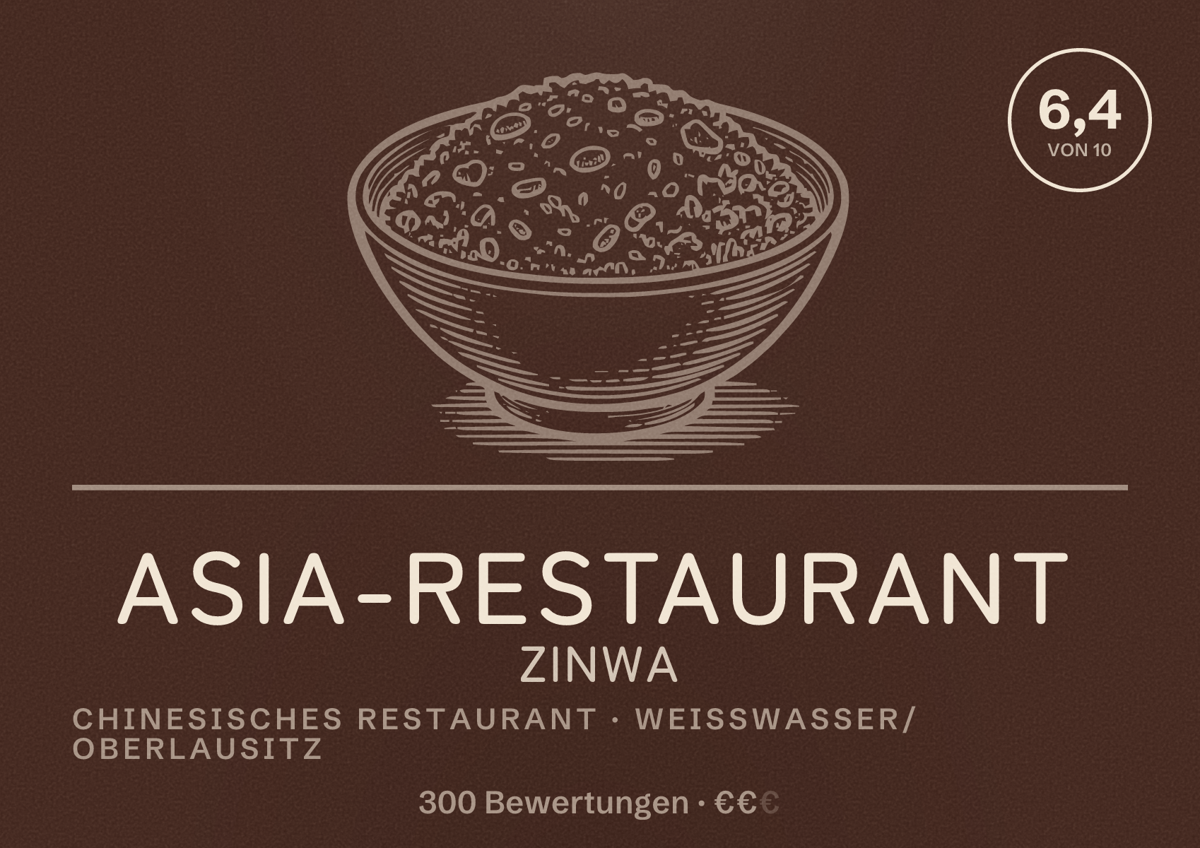 Illustriertes Poster von Asia-Restaurant ZinWa, Chinesisches Restaurant in Weißwasser/Oberlausitz: Bewertung 6,4 von 10 aus 300 Bewertungen, Preisniveau €€