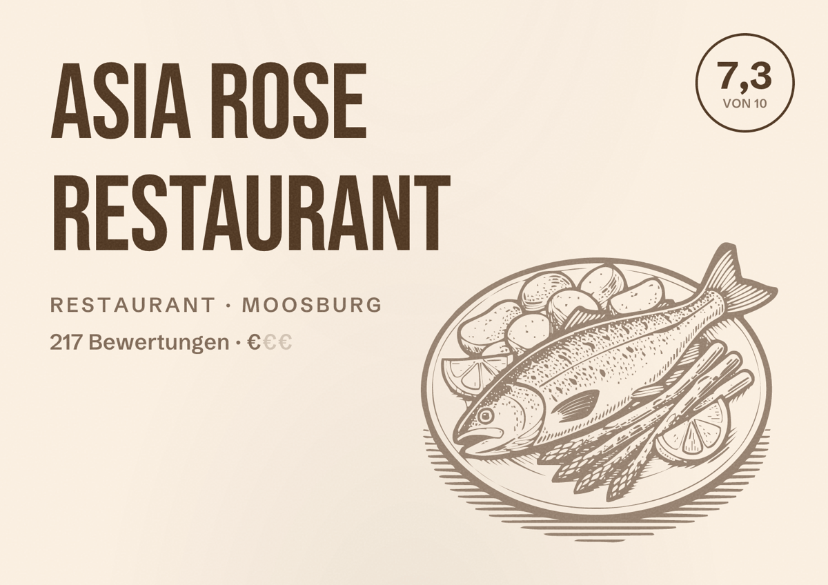 Illustriertes Poster von Asia Rose Restaurant, Restaurant in Moosburg: Bewertung 7,3 von 10 aus 217 Bewertungen, Preisniveau €
