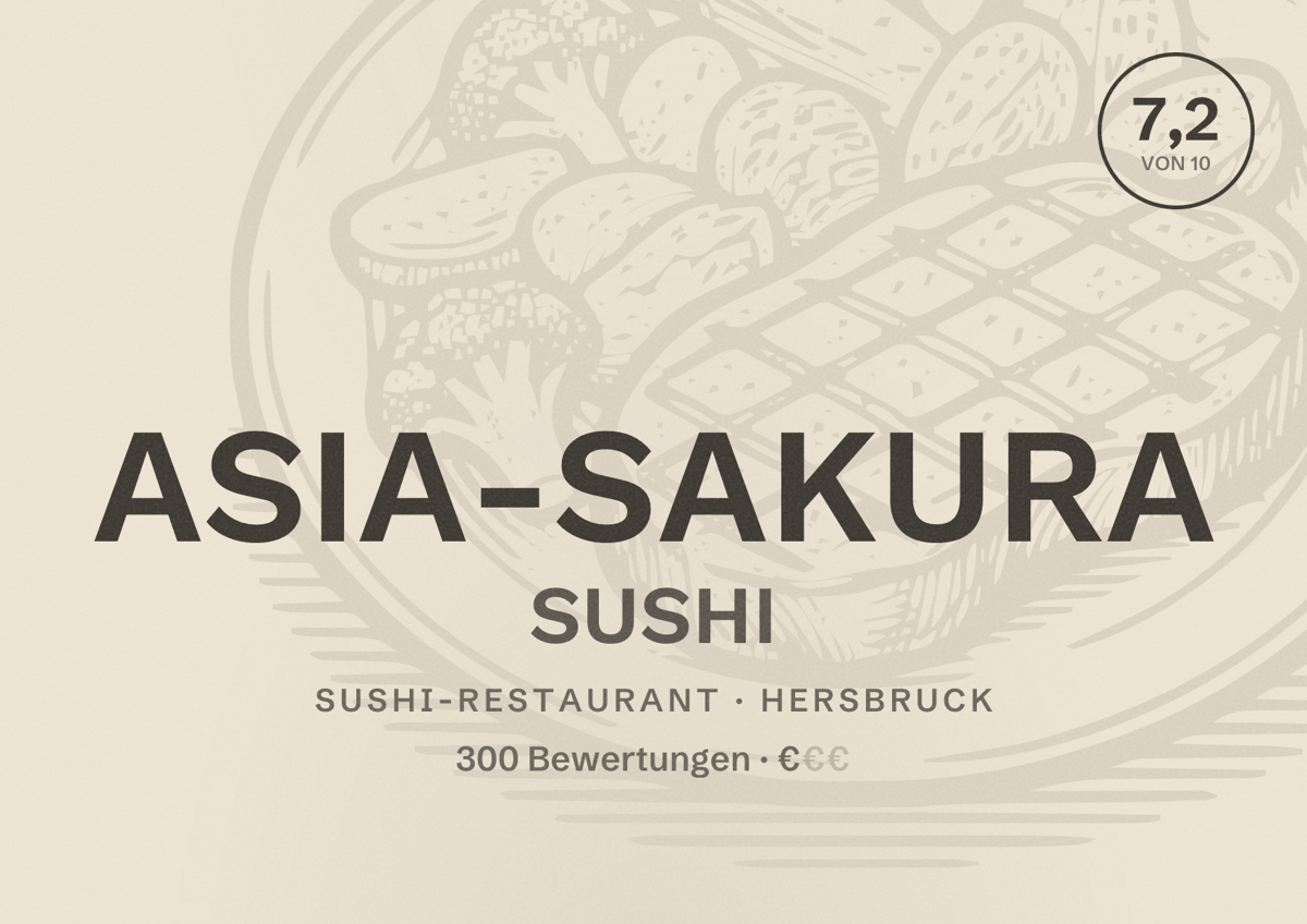 Illustriertes Poster von ASIA-SAKURA SUSHI, Sushi-Restaurant in Hersbruck: Bewertung 7,2 von 10 aus 300 Bewertungen, Preisniveau €