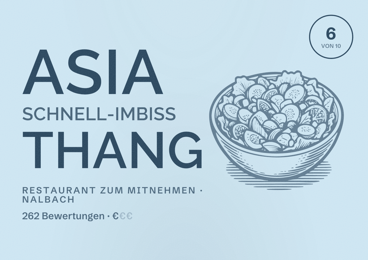 Illustriertes Poster von Asia Schnell-Imbiss Thang, Restaurant zum Mitnehmen in Nalbach: Bewertung 6 von 10 aus 262 Bewertungen, Preisniveau €