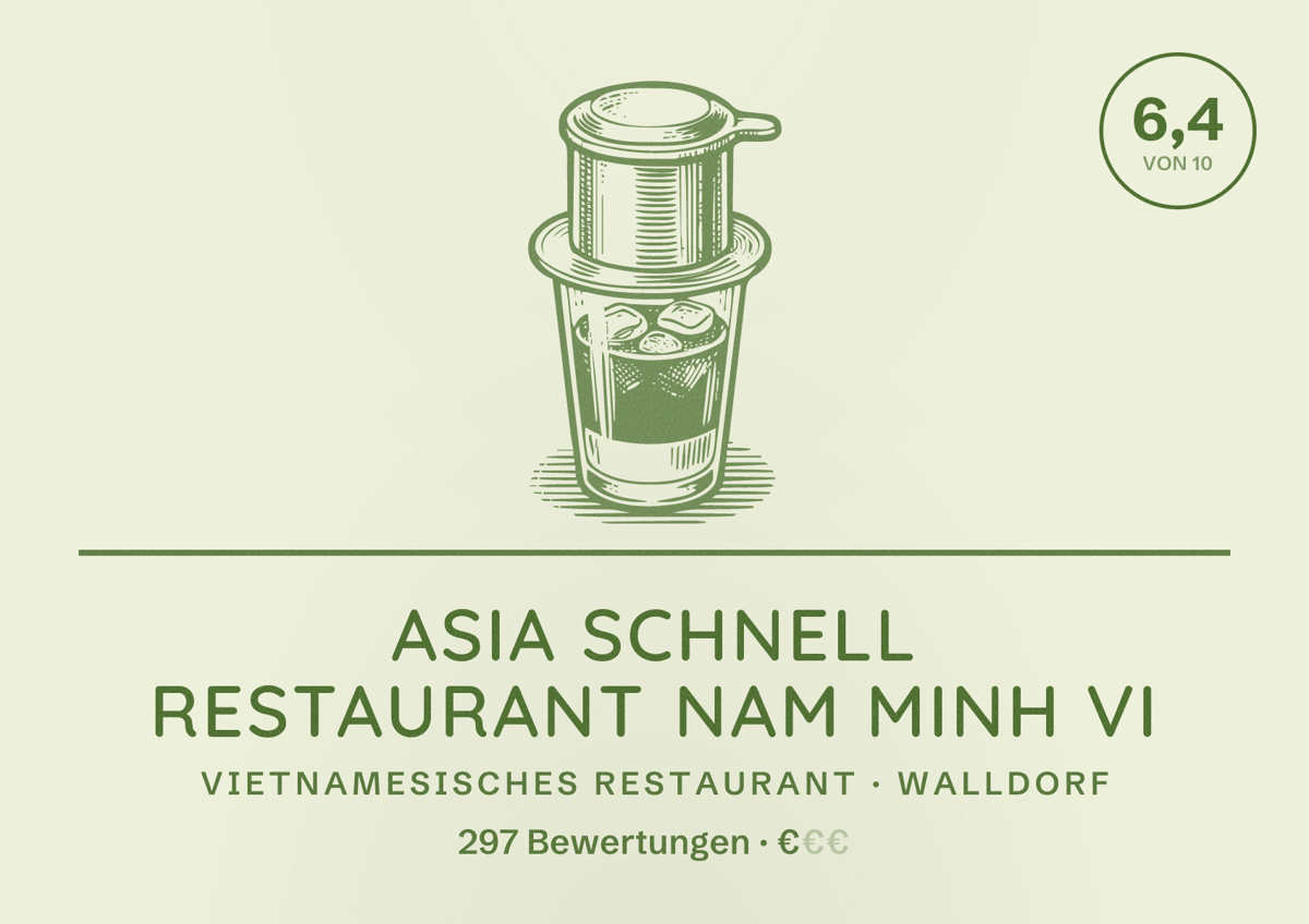 Illustriertes Poster von Asia Schnell Restaurant Nam Minh vi, Vietnamesisches Restaurant in Walldorf: Bewertung 6,4 von 10 aus 297 Bewertungen, Preisniveau €