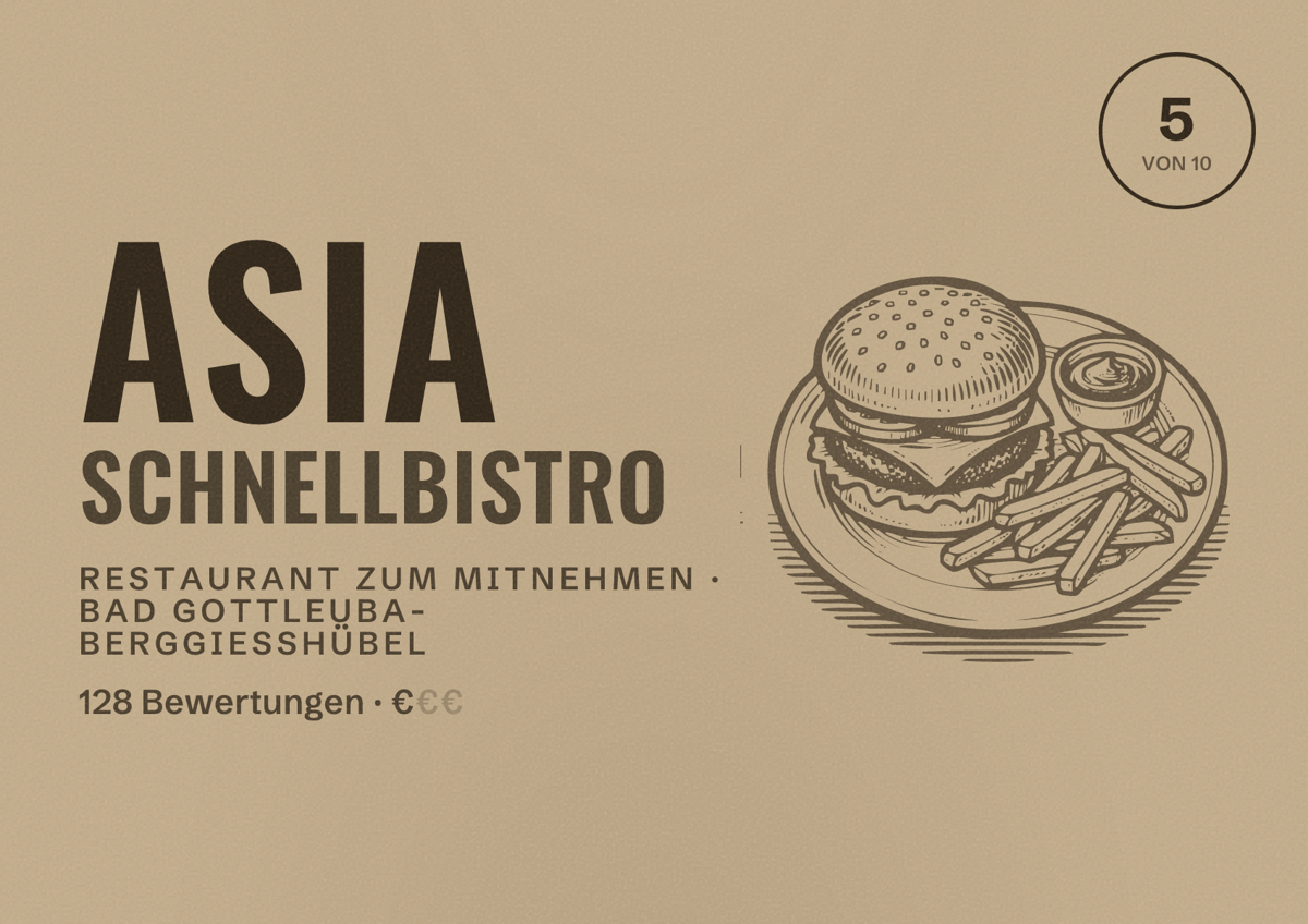 Illustriertes Poster von Asia Schnellbistro, Restaurant zum Mitnehmen in Bad Gottleuba-Berggießhübel: Bewertung 5 von 10 aus 128 Bewertungen, Preisniveau €