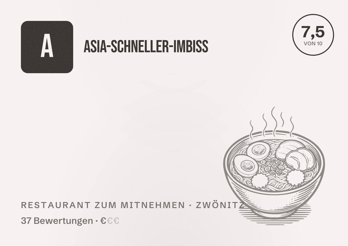 Illustriertes Poster von Asia-Schneller-Imbiss, Restaurant zum Mitnehmen in Zwönitz: Bewertung 7,5 von 10 aus 37 Bewertungen, Preisniveau €