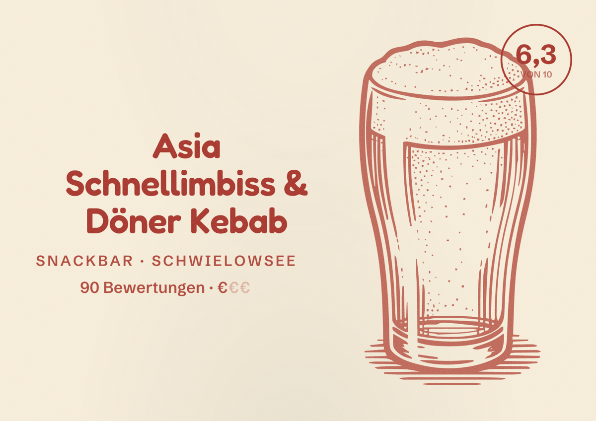 Illustriertes Poster von Asia Schnellimbiss & Döner Kebab, Snackbar in Schwielowsee: Bewertung 6,3 von 10 aus 90 Bewertungen, Preisniveau €