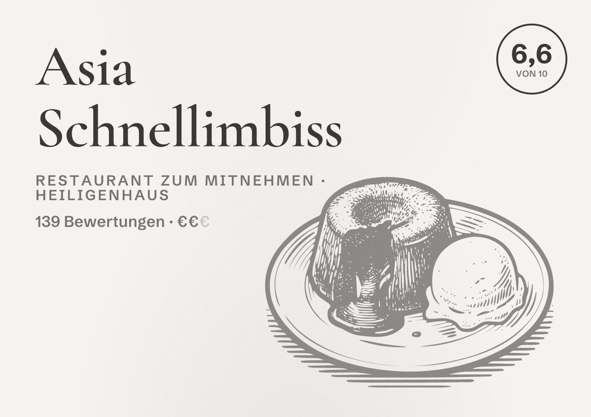 Illustriertes Poster von Asia Schnellimbiss, Restaurant zum Mitnehmen in Heiligenhaus: Bewertung 6,6 von 10 aus 139 Bewertungen, Preisniveau €€