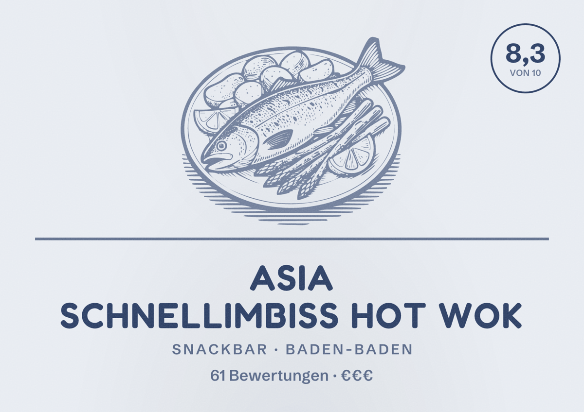Illustriertes Poster von Asia Schnellimbiß Hot Wok, Snackbar in Baden-Baden: Bewertung 8,3 von 10 aus 61 Bewertungen, Preisniveau €€€