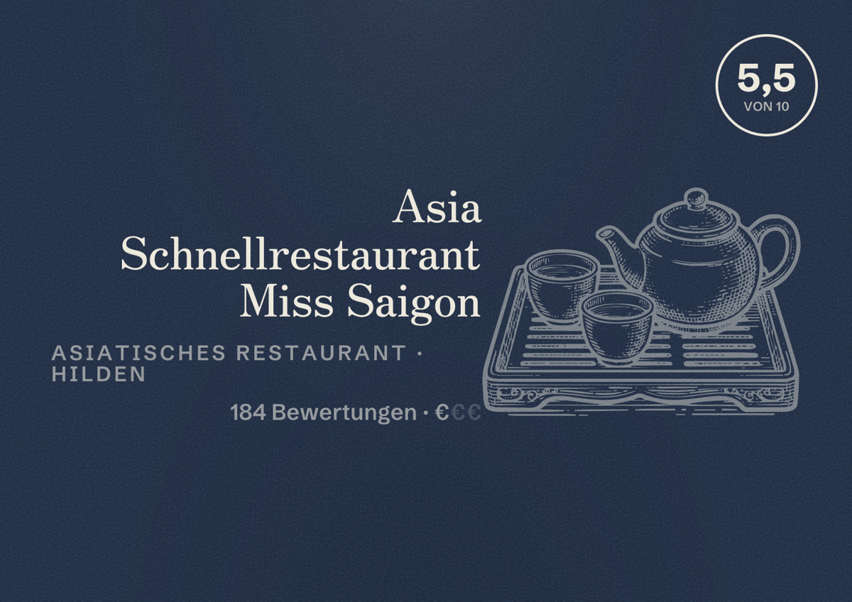 Illustriertes Poster von Asia Schnellrestaurant Miss Saigon, Asiatisches Restaurant in Hilden: Bewertung 5,5 von 10 aus 184 Bewertungen, Preisniveau €