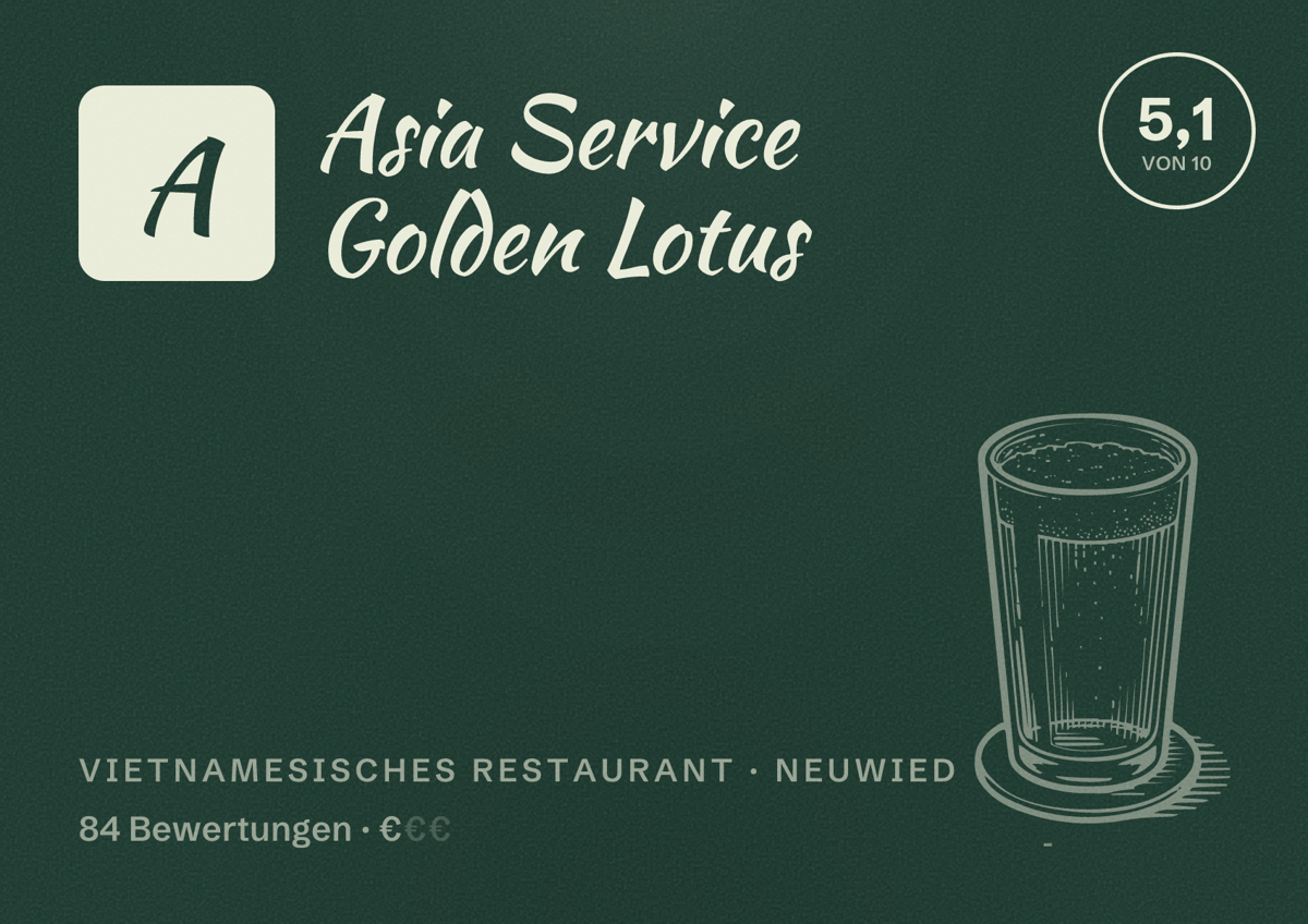 Illustriertes Poster von Asia Service Golden Lotus, Vietnamesisches Restaurant in Neuwied: Bewertung 5,1 von 10 aus 84 Bewertungen, Preisniveau €