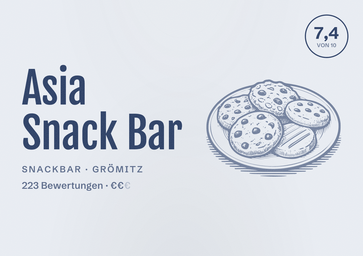 Illustriertes Poster von Asia Snack Bar, Snackbar in Grömitz: Bewertung 7,4 von 10 aus 223 Bewertungen, Preisniveau €€