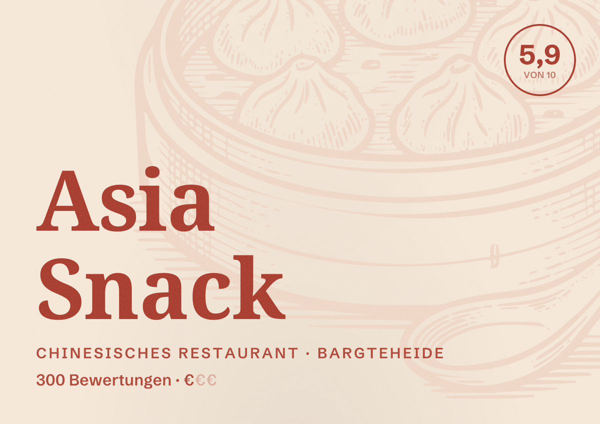 Illustriertes Poster von Asia Snack, Chinesisches Restaurant in Bargteheide: Bewertung 5,9 von 10 aus 300 Bewertungen, Preisniveau €
