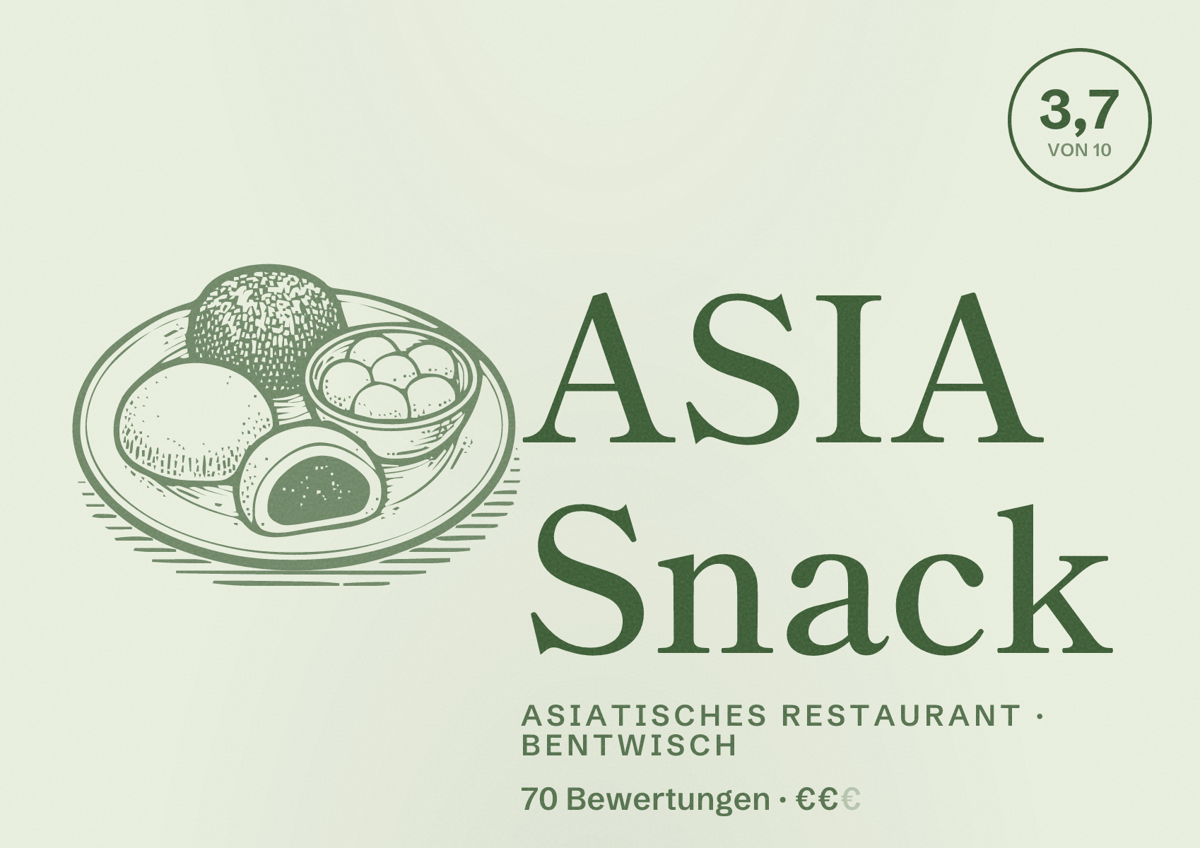 Illustriertes Poster von ASIA Snack, Asiatisches Restaurant in Bentwisch: Bewertung 3,7 von 10 aus 70 Bewertungen, Preisniveau €€