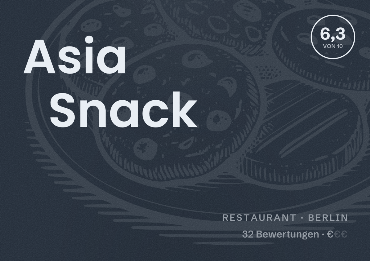 Illustriertes Poster von Asia Snack, Restaurant in Berlin: Bewertung 6,3 von 10 aus 32 Bewertungen, Preisniveau €