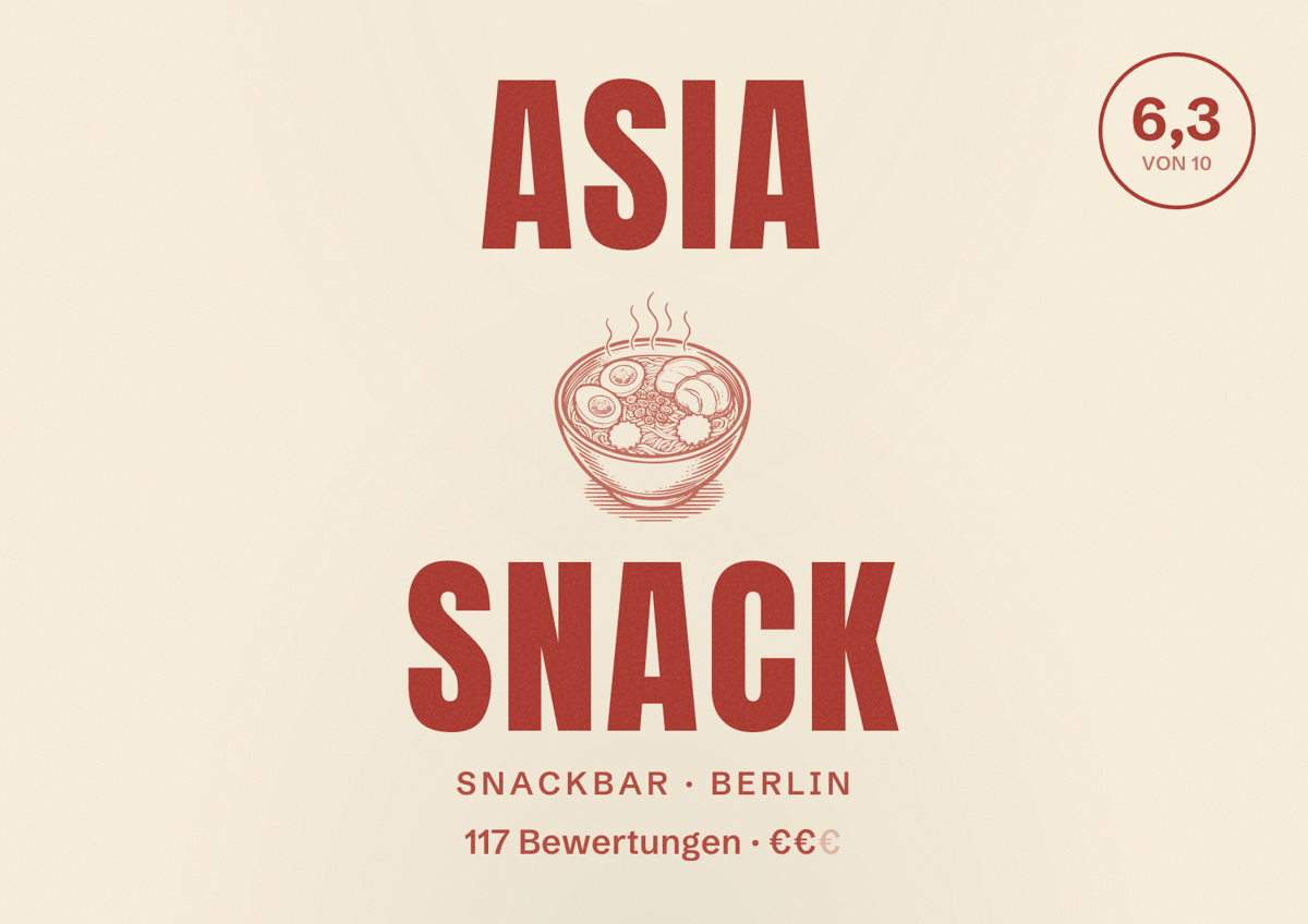 Illustriertes Poster von Asia Snack, Snackbar in Berlin: Bewertung 6,3 von 10 aus 117 Bewertungen, Preisniveau €€
