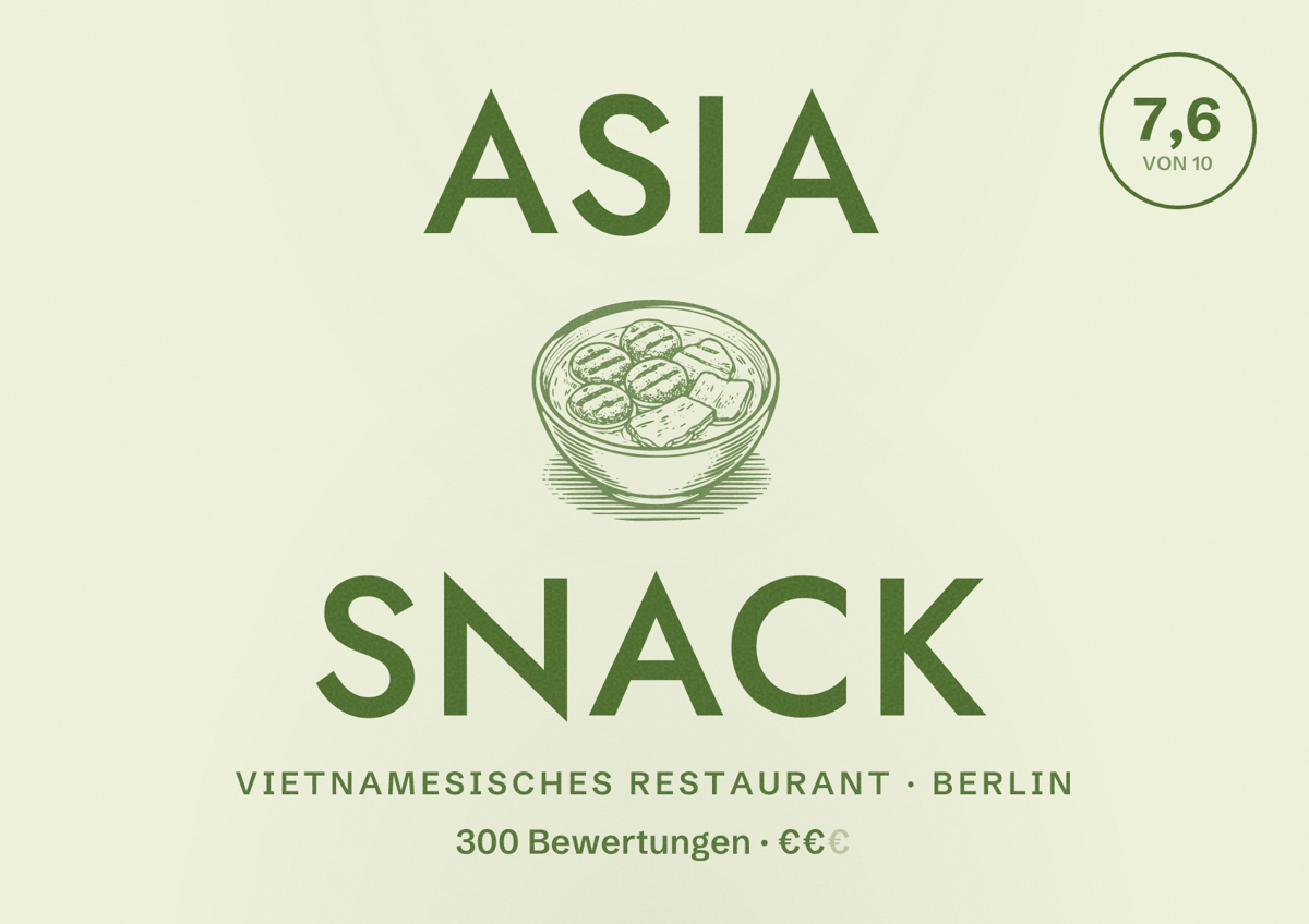 Illustriertes Poster von Asia Snack, Vietnamesisches Restaurant in Berlin: Bewertung 7,6 von 10 aus 300 Bewertungen, Preisniveau €€