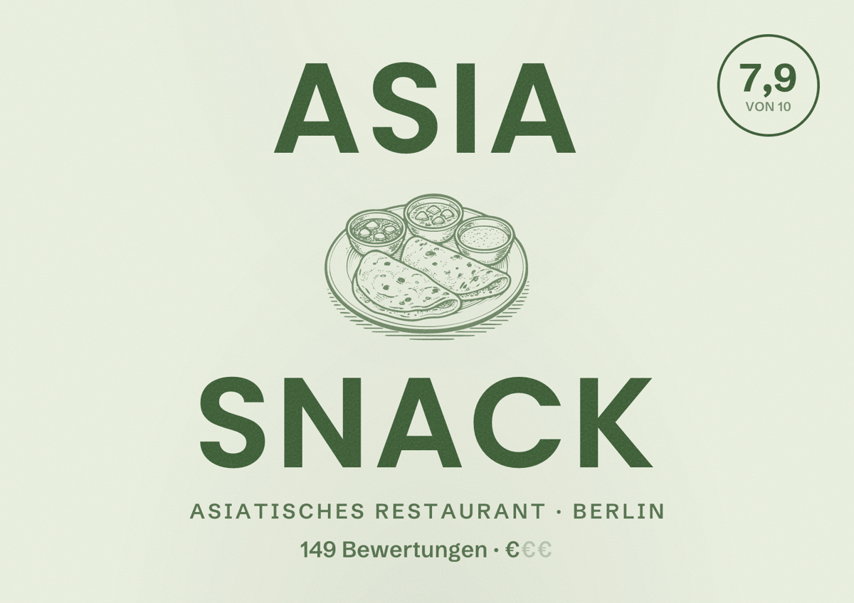 Illustriertes Poster von Asia Snack, Asiatisches Restaurant in Berlin: Bewertung 7,9 von 10 aus 149 Bewertungen, Preisniveau €