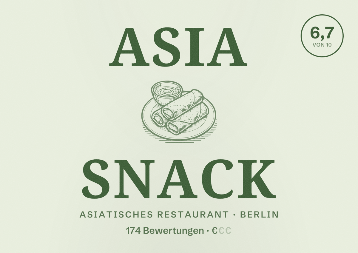Illustriertes Poster von Asia Snack, Asiatisches Restaurant in Berlin: Bewertung 6,7 von 10 aus 174 Bewertungen, Preisniveau €