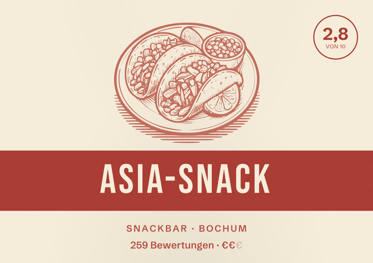Illustriertes Poster von Asia-Snack, Snackbar in Bochum: Bewertung 2,8 von 10 aus 259 Bewertungen, Preisniveau €€