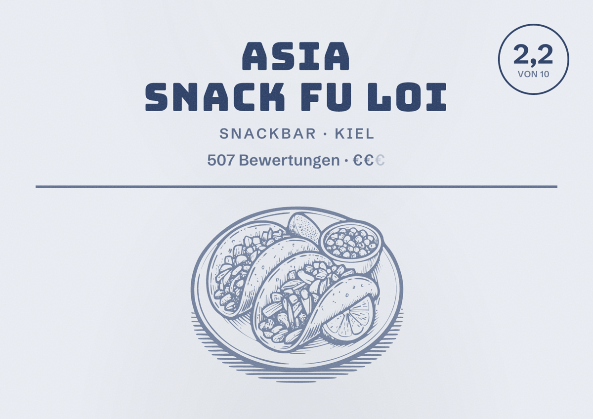 Illustriertes Poster von Asia Snack Fu Loi, Snackbar in Kiel: Bewertung 2,2 von 10 aus 507 Bewertungen, Preisniveau €€