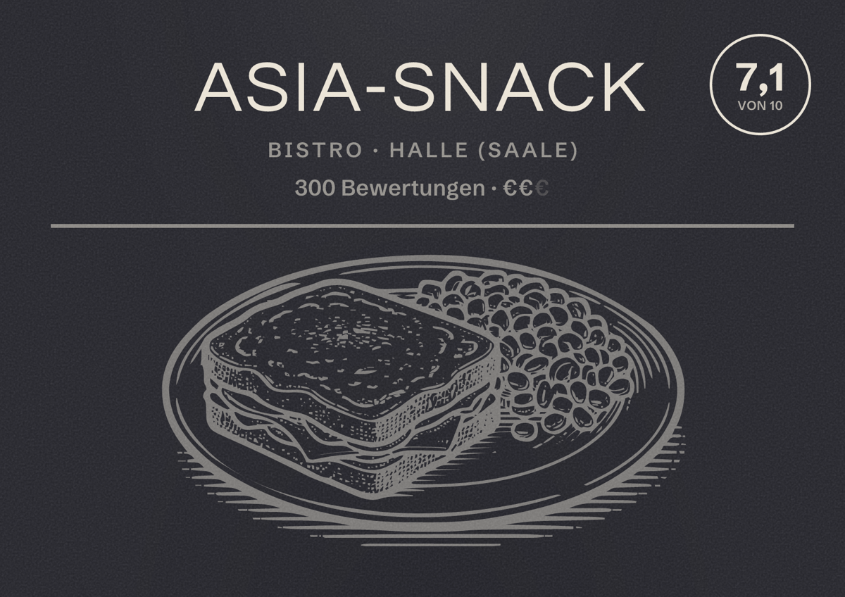 Illustriertes Poster von Asia-Snack, Bistro in Halle (Saale): Bewertung 7,1 von 10 aus 300 Bewertungen, Preisniveau €€