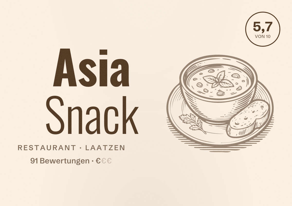 Illustriertes Poster von Asia Snack, Restaurant in Laatzen: Bewertung 5,7 von 10 aus 91 Bewertungen, Preisniveau €