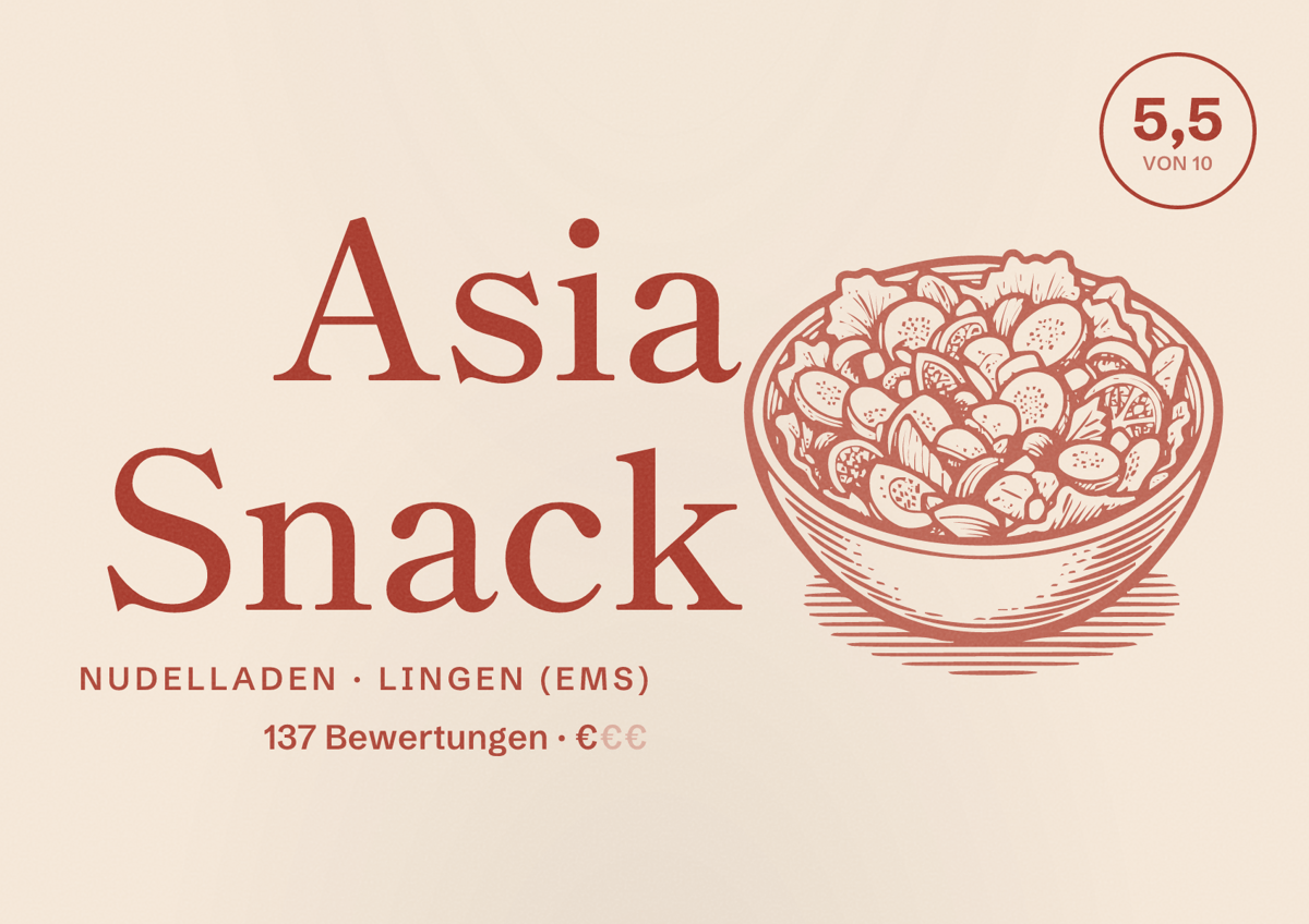 Illustriertes Poster von Asia Snack, Nudelladen in Lingen (Ems): Bewertung 5,5 von 10 aus 137 Bewertungen, Preisniveau €