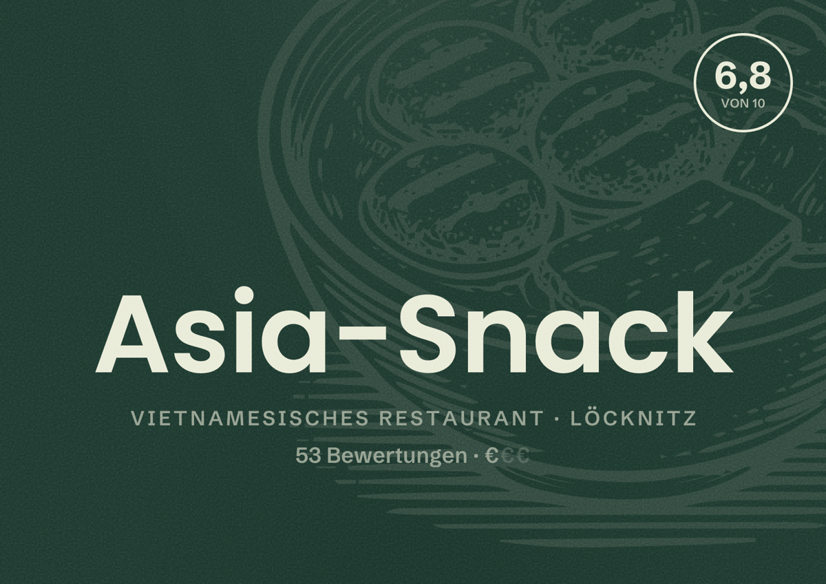 Illustriertes Poster von Asia-Snack, Vietnamesisches Restaurant in Löcknitz: Bewertung 6,8 von 10 aus 53 Bewertungen, Preisniveau €